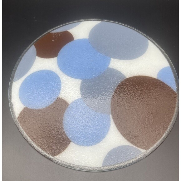 Fused Art Glass Modern Round BLUE GRAY WHITE BROWN Platter 13.75” Signed - Picture 5 of 5